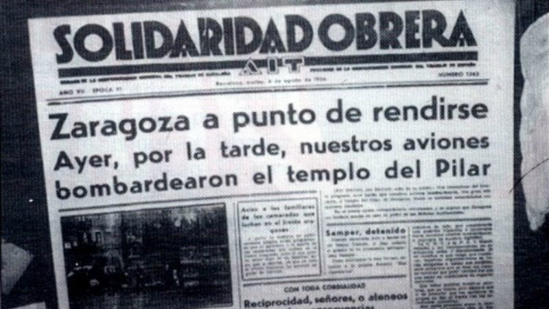 Portada del diario Solidaridad Obrera anunciando el bombardeo del Pilar
