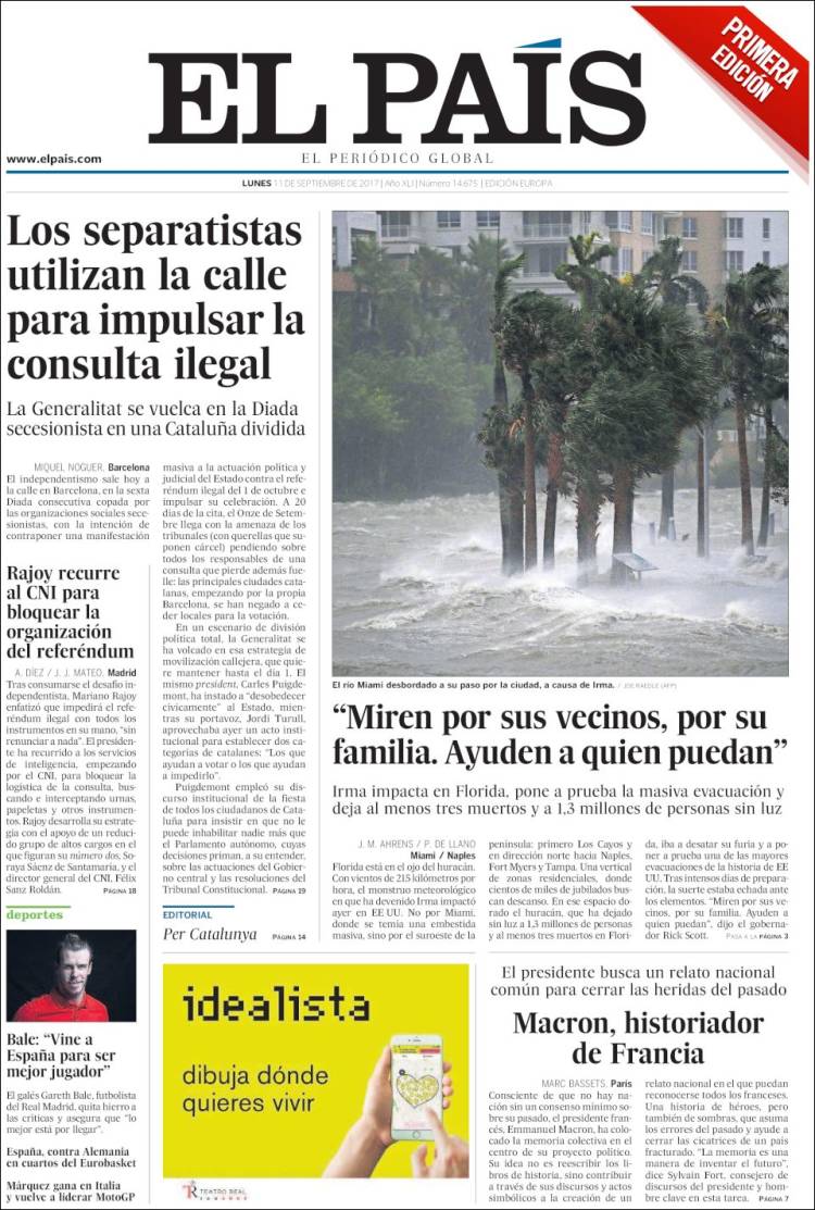 Portada EL País 11 septiembre 2017
