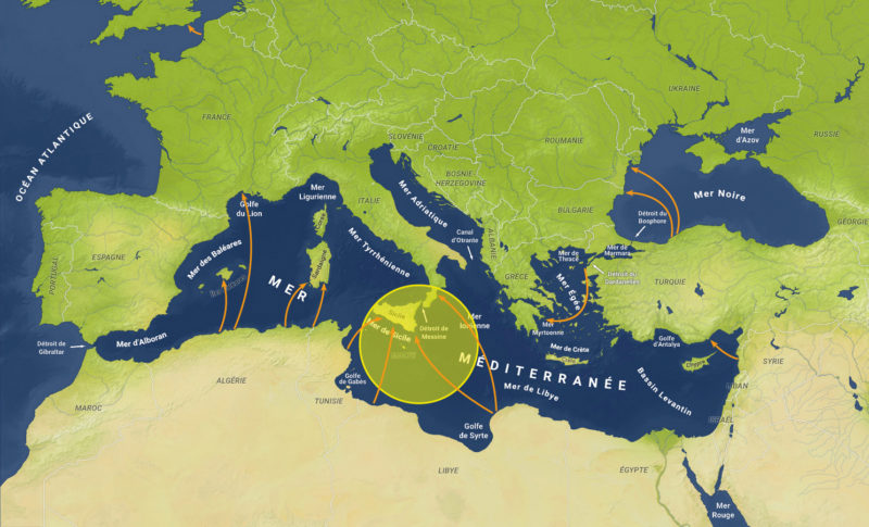 Mapa del Mediterráneo con los flujos migratorios marcados en naranja | SOS MEDITERRANEE