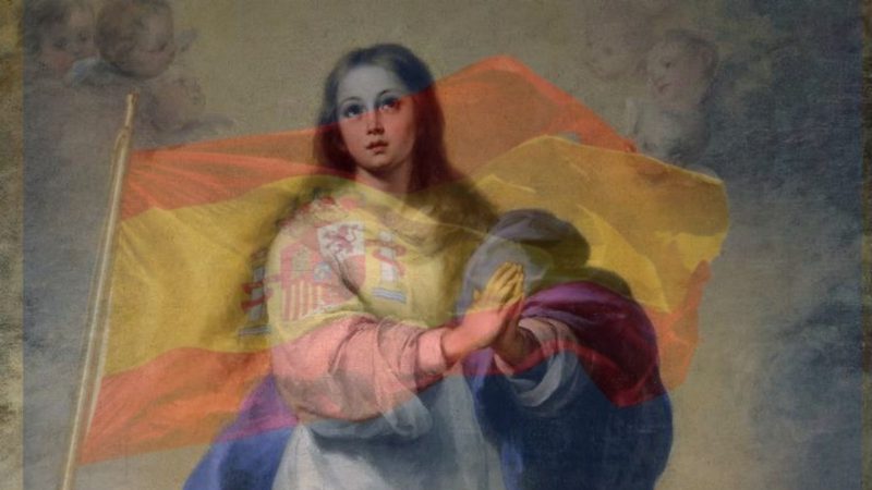 imagen de la Inmaculada Concepción de Murillo sobre una bandera de España | LA GACETA