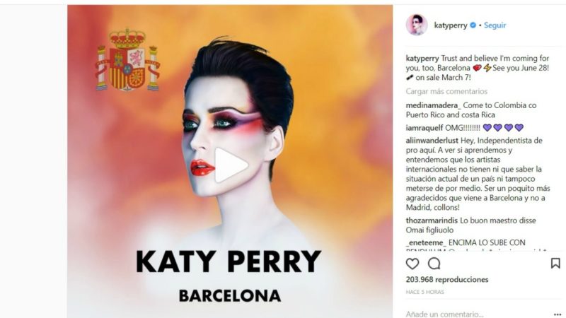 Katy Perry irrita al separatismo al anunciar su concierto en Barcelona