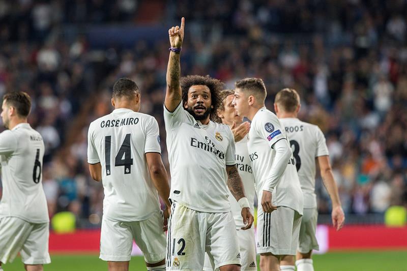 El lateral brasileño del Real Madrid Marcelo tras marcar el segundo gol ante el Viktoria Plzen. EFE/Rodrigo Jiménez