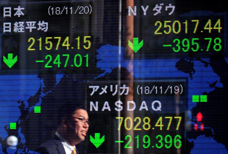 Un viandante pasa delante de una pantalla que muestra el valor del índice Nikkei (izq) y del Dow Jones (dcha) en Tokio (Japón) hoy, 20 de noviembre de 2018. El índice Nikkei de la Bolsa de Tokio cerró hoy con una caída de 238,04 puntos, un 1,09 %, hasta situarse en 21.583,12 enteros. EFE/ Franck Robichon
