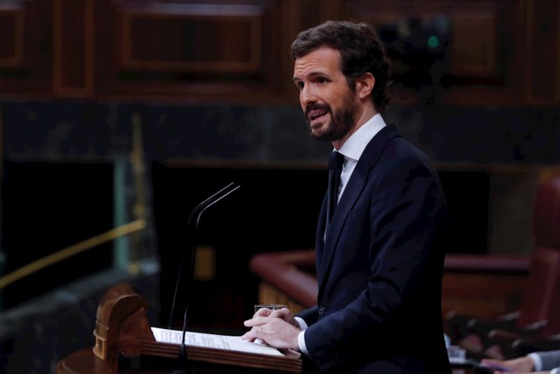 El líder del PP, Pablo Casado durante su intervención en el pleno del Congreso