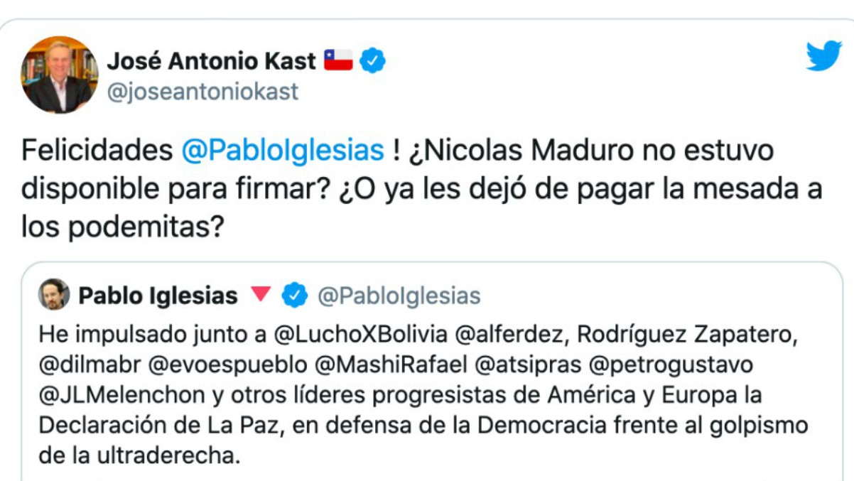 Kast se burla de Pablo Iglesias y de su ‘Declaración de La Paz’