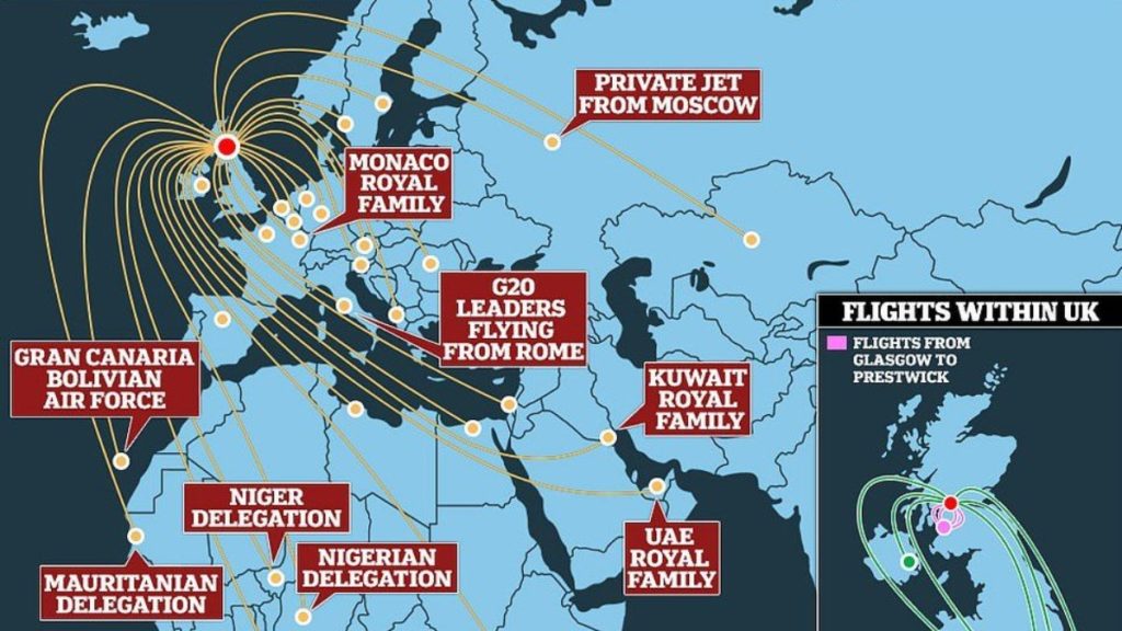 Mapa que muestra las rutas que han tomado los aviones para llegar a la conferencia climática Cop26 (Imagen: Metro.co.uk - Datawrapper)