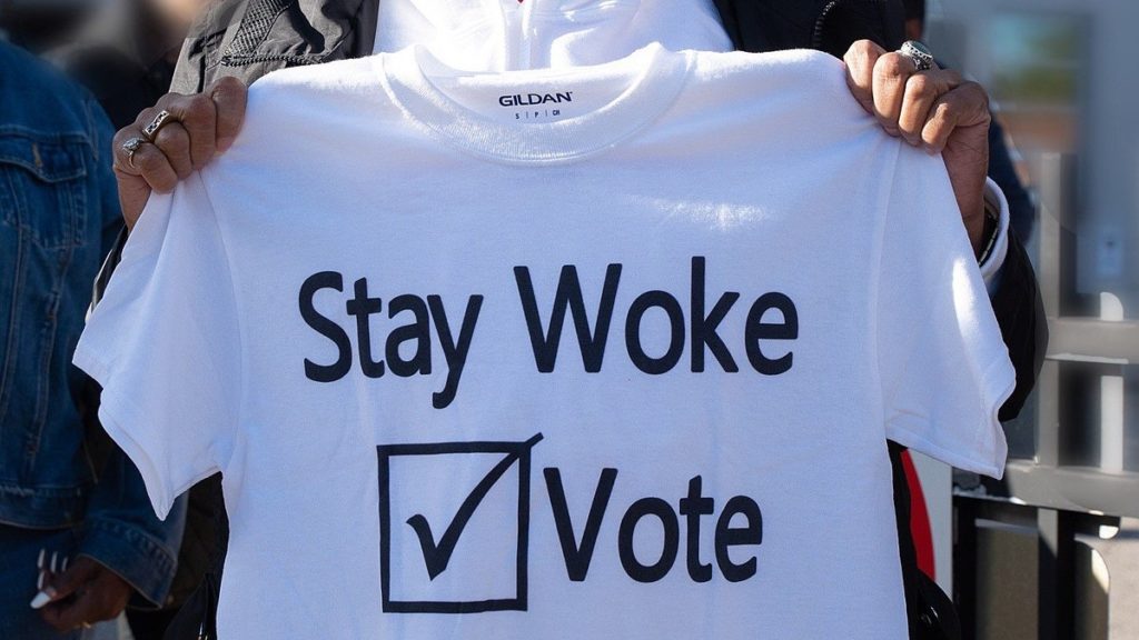 Una camiseta con la frase 'Continúa siendo woke. Vota'. WIKIMEDIA COMMONS