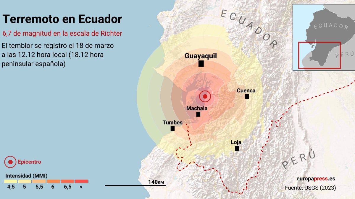 Mapa que representa la localización del terremoto de 6,7 de magnitud en la escala de Richter que ha sacudido este sábado la costa del Pacífico ecuatoriano. Europa Press