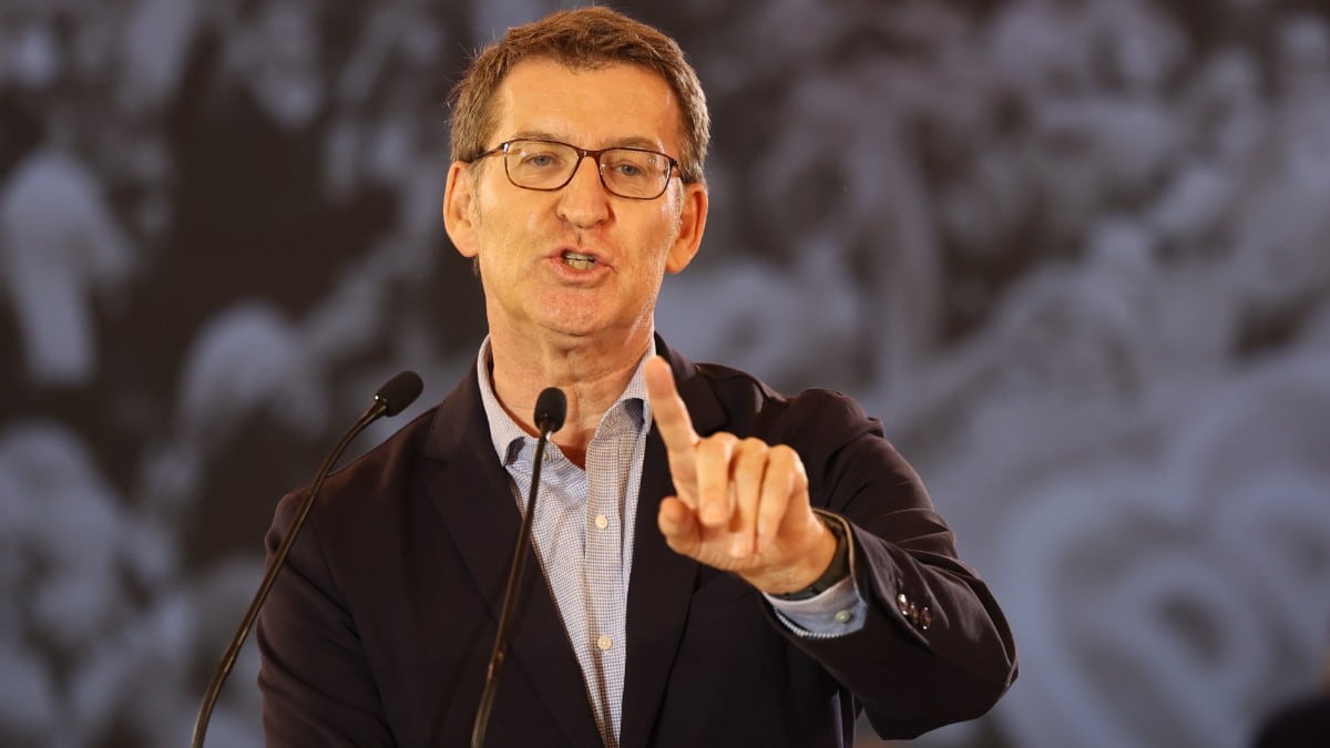 El presidente del Partido Popular (PP), Alberto Núñez Feijóo, interviene durante el acto de entrega de carnés a nuevos afiliados en el último año. Europa Press