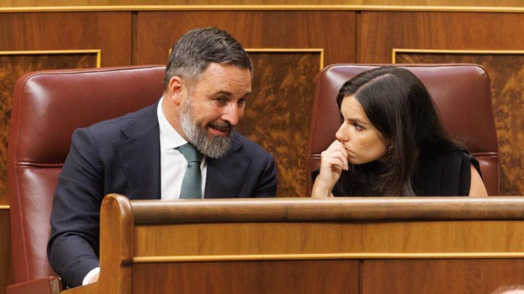 El líder de VOX, Santiago Abascal, y la nueva portavoz de VOX en el Congreso, Pepa Millán. Europa Press