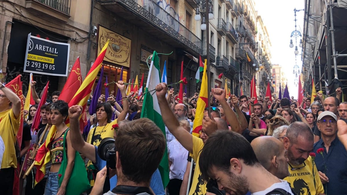 Manifestantes separatistas queman banderas de España y un muñeco con la imagen de Abascal en una manifestación por la Diada