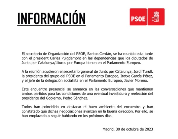 La reunión se produce dos días después de la defensa de Pedro Sánchez en el Comité Federal del PSOE de la amnistía a los separatistas condenados por el golpe del 1-O
