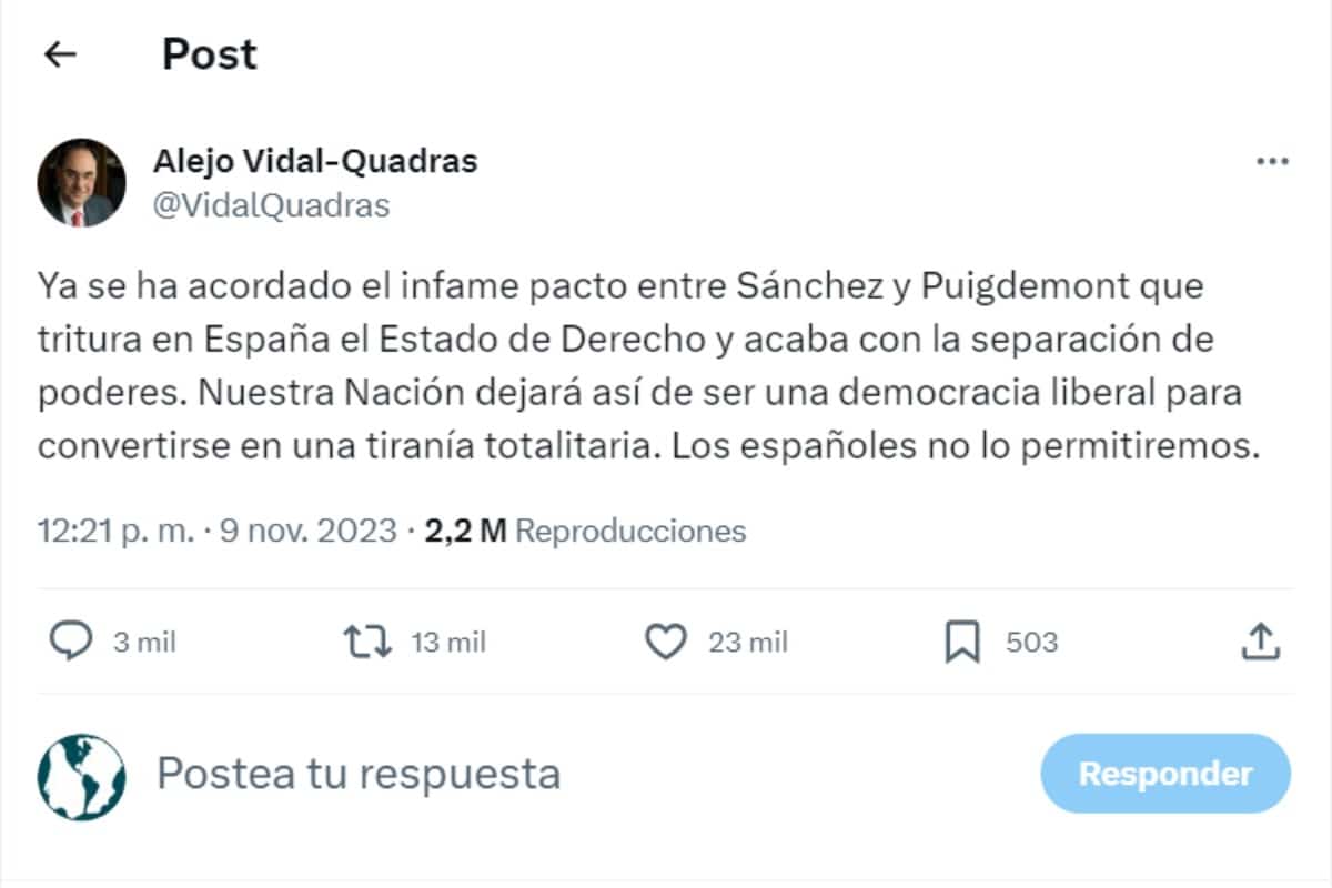 Alejo Vidal-Quadras alertó horas antes de ser disparado en Madrid de la gravedad del acuerdo PSOE-Junts: «Tritura el Estado de Derecho»