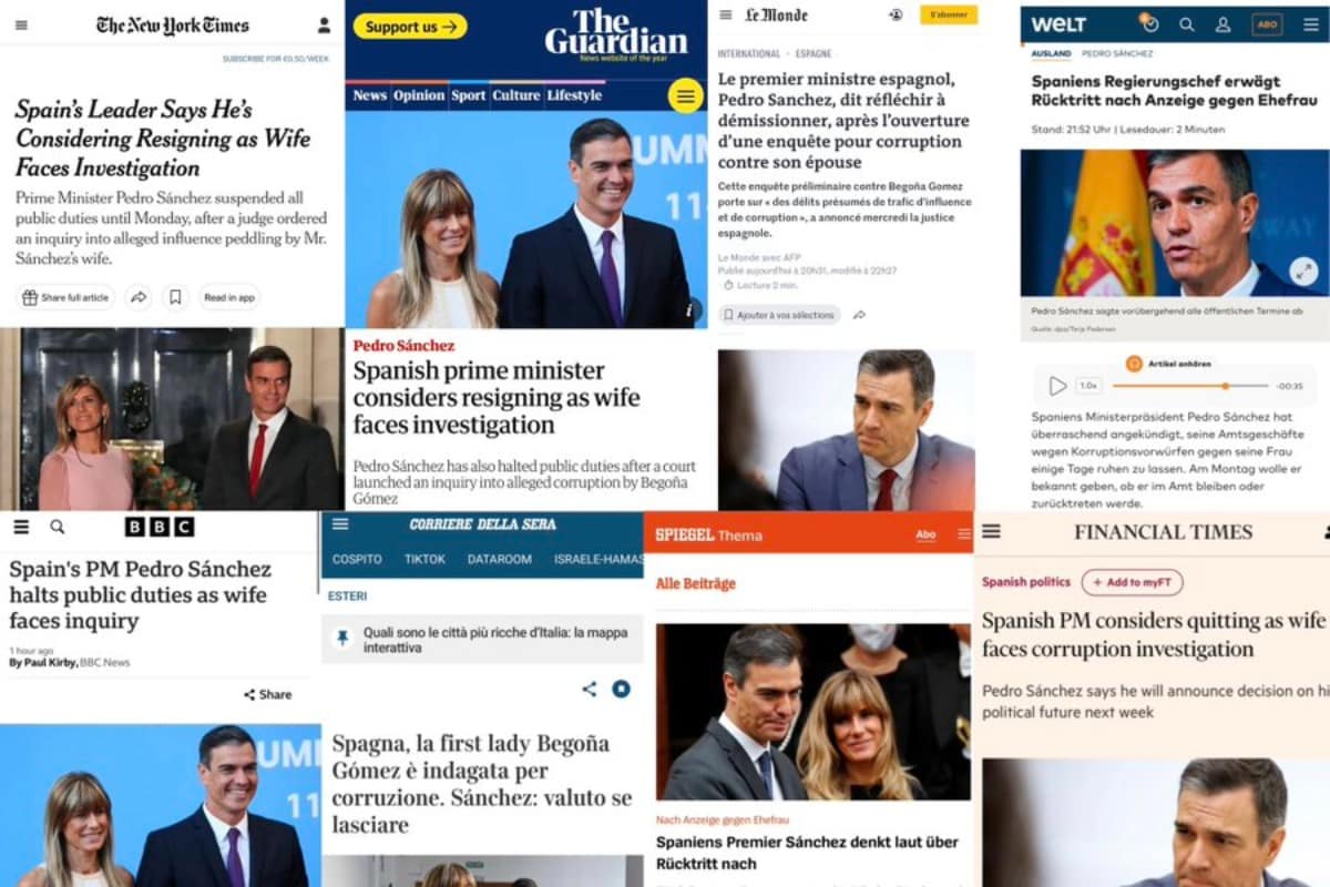 La presunta corrupción de Begoña Gómez y el paripé de Pedro Sánchez copan la prensa internacional