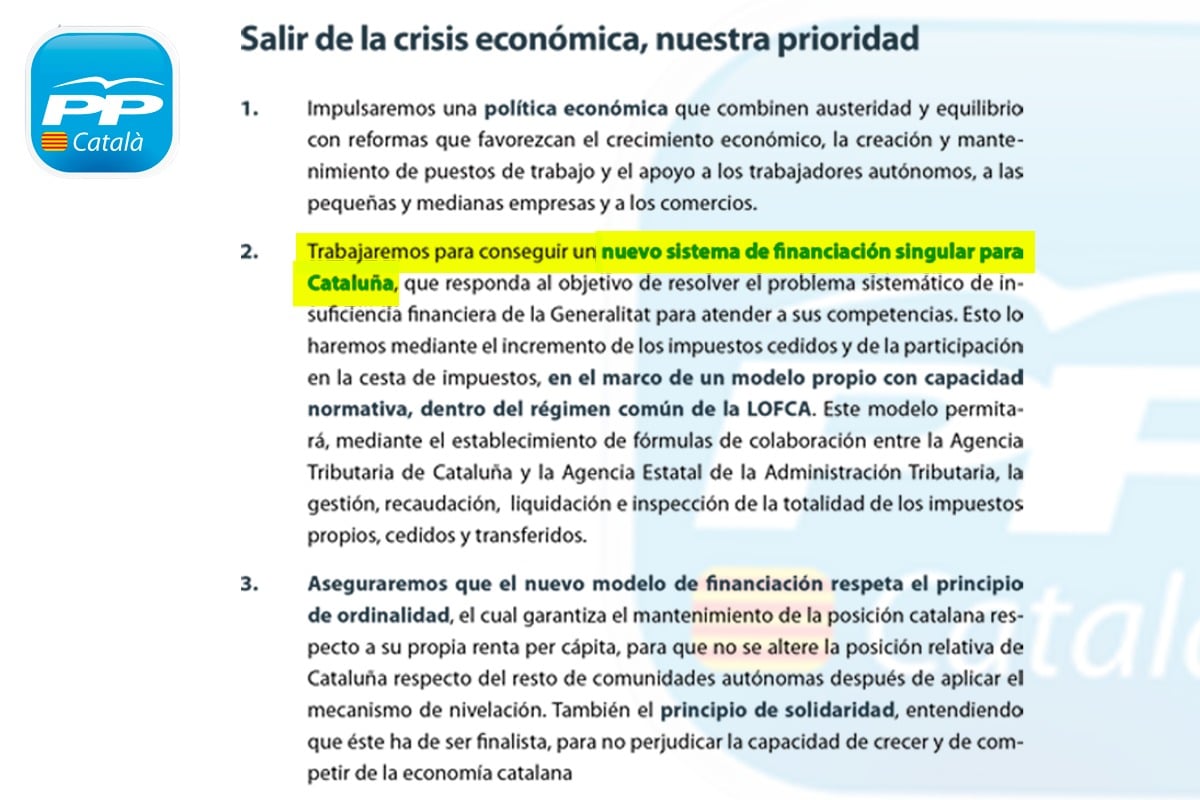 El PP prometió «trabajar» para conseguir «un nuevo sistema de financiación singular para Cataluña»