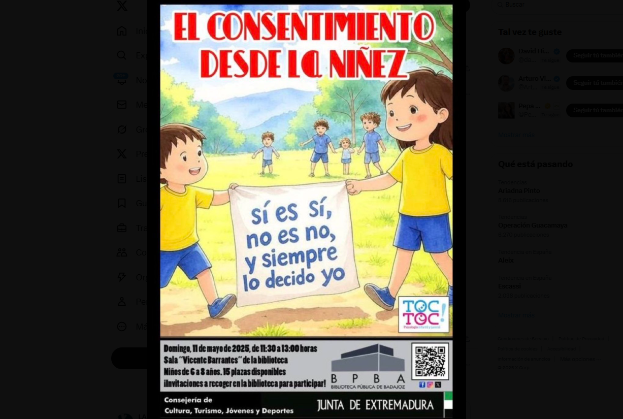 La Junta de Extremadura (PP) organiza un taller para niños de 6 a 8 años sobre consentimiento sexual: «Sí es sí, no es no, y siempre lo decido yo»