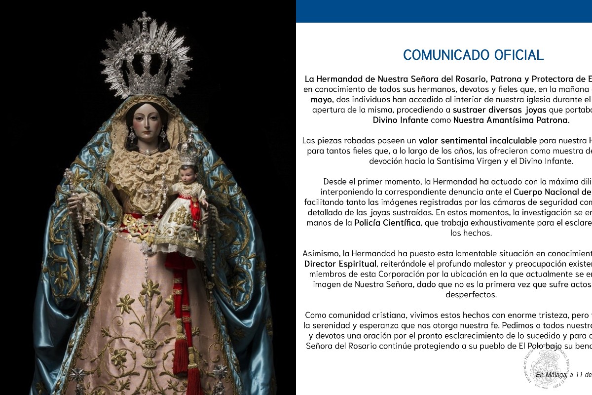 Inseguridad y delincuencia en Málaga: roban las joyas de la Virgen del Rosario, patrona del barrio de El Palo
