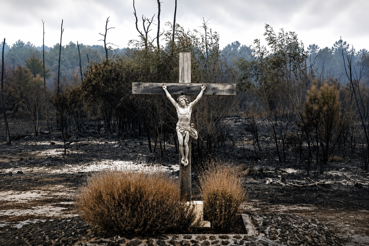 Una Cruz permanece en pie tras los violentos incendios que asolaron la Gironda y las Landas (Francia)