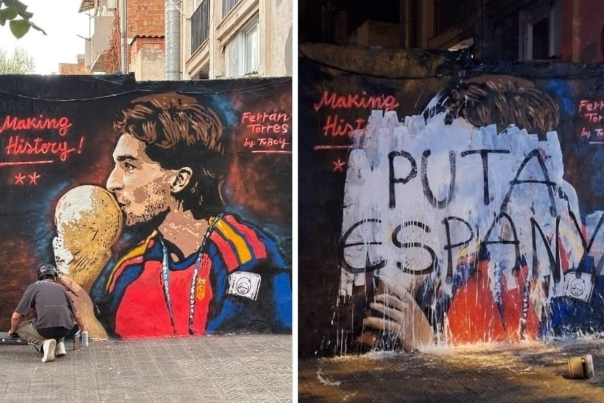 Vandalizan en Barcelona el mural de Ferran Torres con el lema «Puta Espanya» y proclamas separatistas