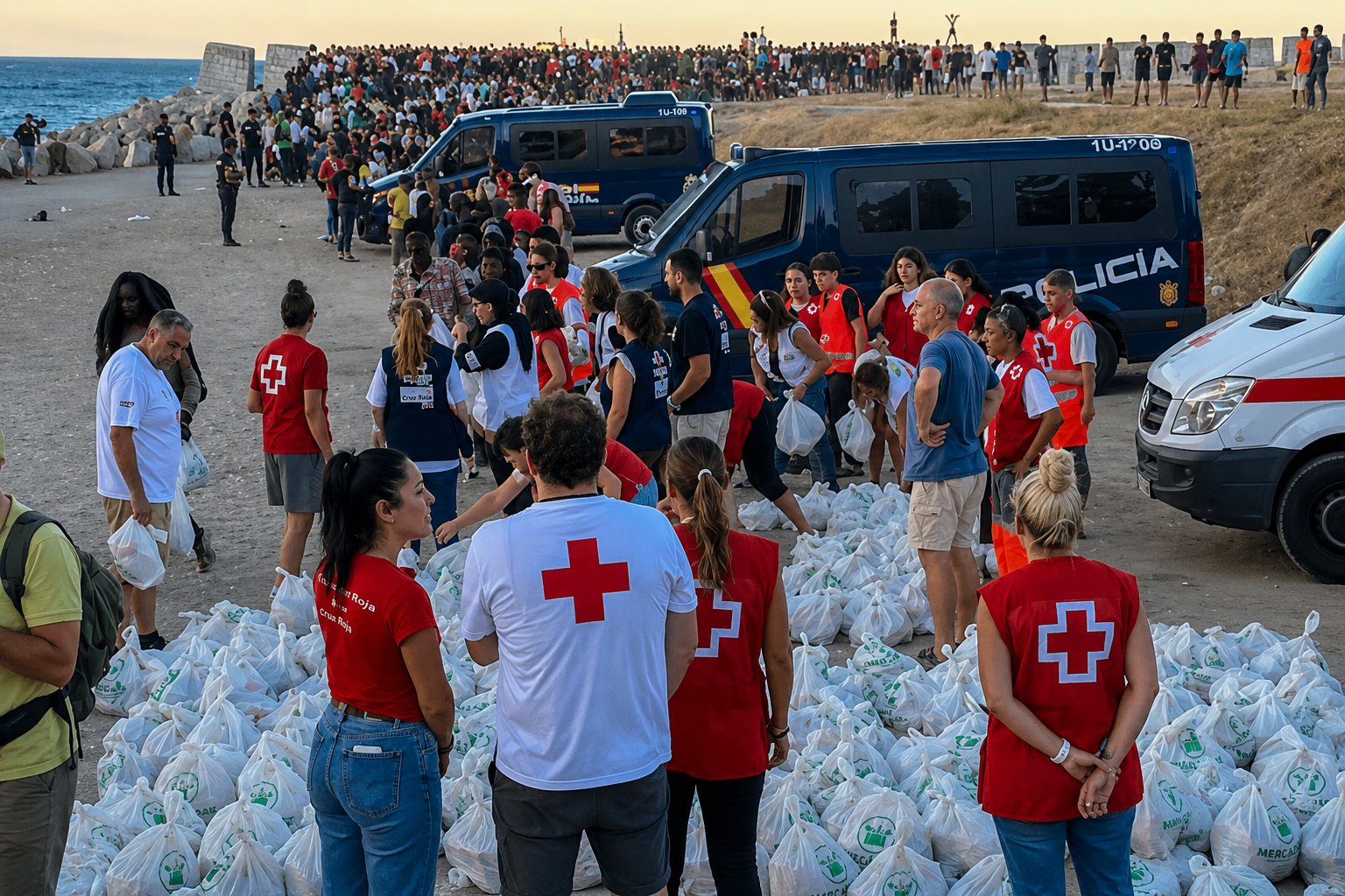 Miembros de la Policía Nacional denuncian que la Cruz Roja está repartiendo más agua a los inmigrantes ilegales que a los agentes