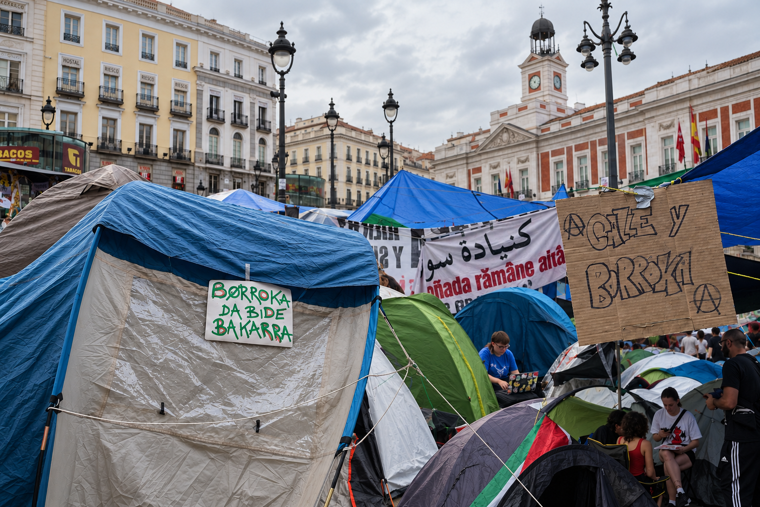 Los acampados en Sol llenan la plaza de carteles en árabe, banderas de Palestina y lemas de la banda terrorista ETA